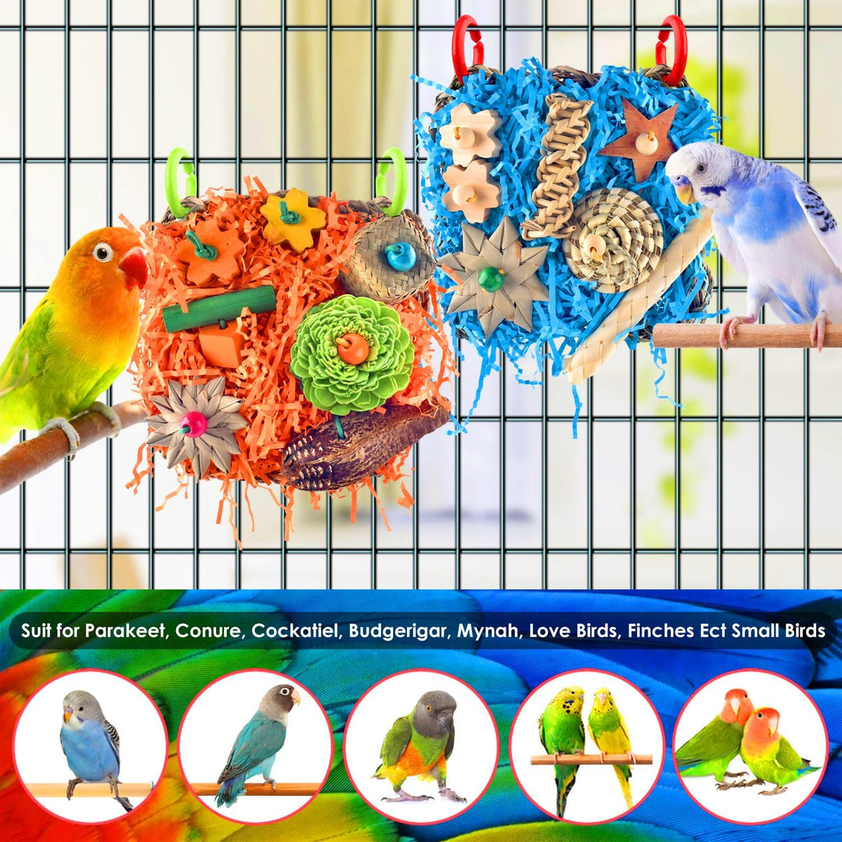 KATUMO Bird Toys, 2 Pack Bird Grass Mat Foraging Wall Toys Parrot Shredder Toys for Parakeet, Cockatiel, Conure, Lovebird, Budgie, Small to Medium Birds