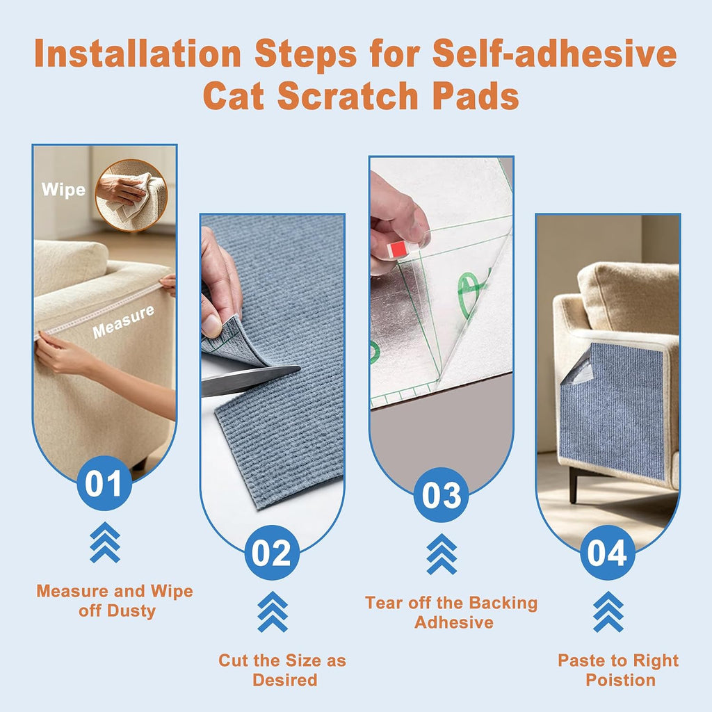 Self-Adhesive Cat Scratching Mat, Trimmable Cat Scratcher Carpet Furniture Protector Pads for Sofa, Door, Cat Climbing Wall Scratch Mat, Couch Guards Pad from Cats Claws, 6PCS 11.8*11.8" (Light Grey)