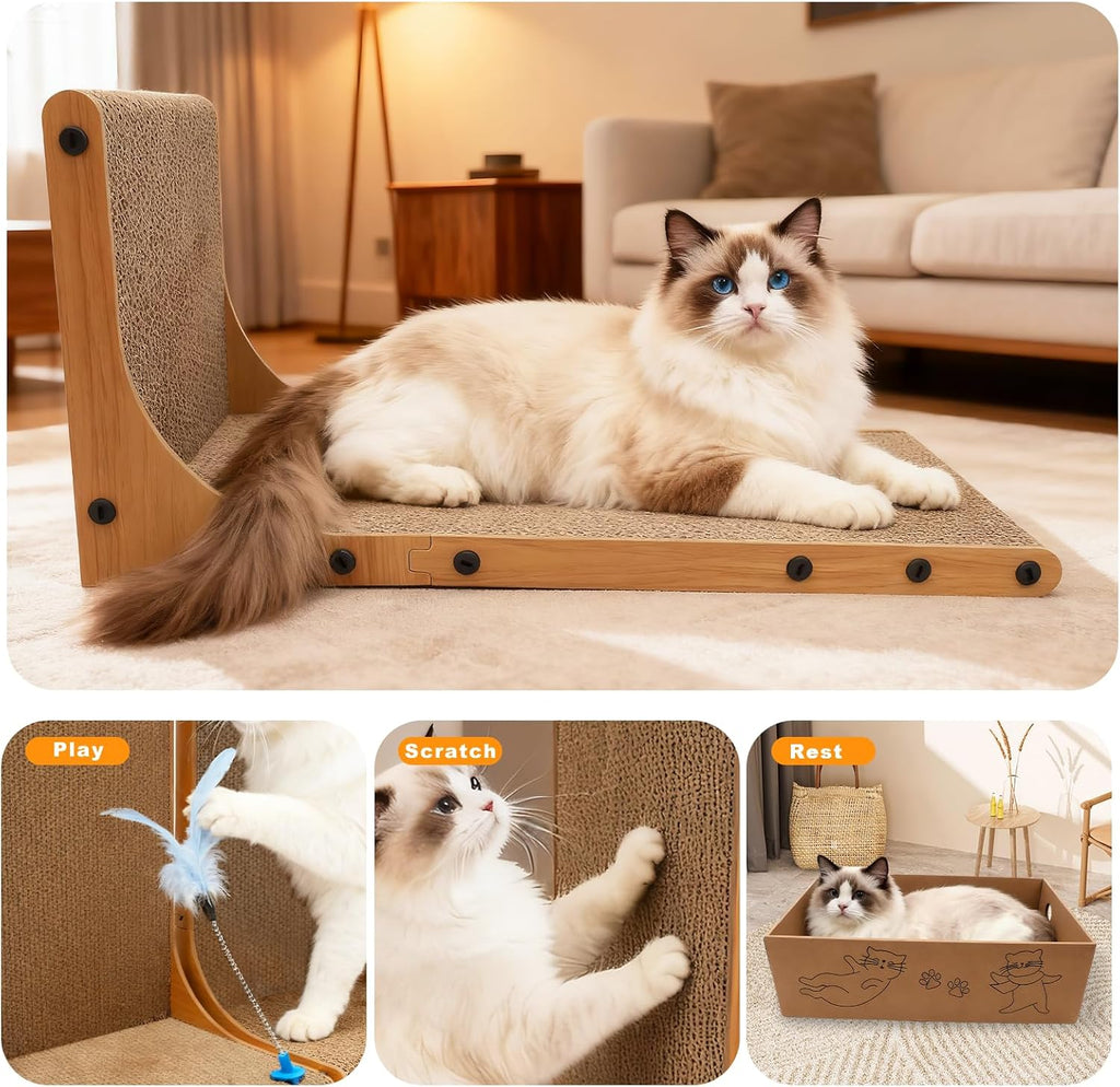 Cat Scratching Post, 3-in1 Cat Scratcher for Indoor Cats, 2PK 22in L-Shaped Scratching Board with 1PK Cardboard Box Scratch Pad, Cats Scratch Furniture Protector with Feathered Toy
