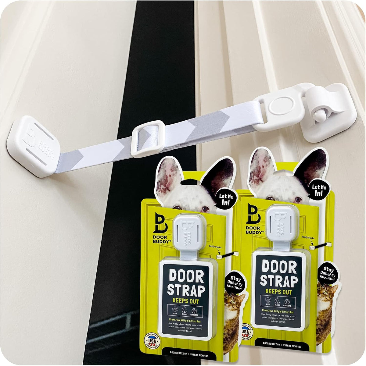 Door Buddy Door Latch for Cats - Grey 2 Pack. Pet Door Holder to Dog Proof Litter Box & Keep Dog Out of Cat Food. Easier Interior Cat Door or Gate Alternative. Adjustable Door Strap for Pets.