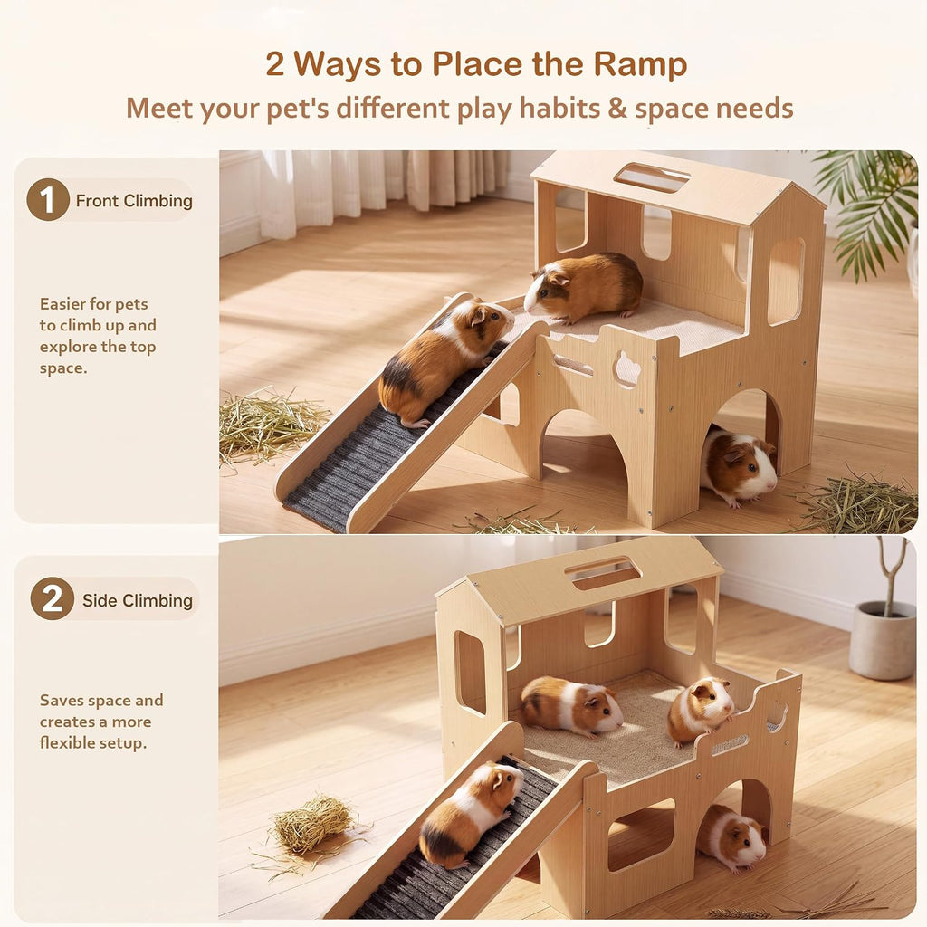 Guinea Pig Hideout with Ramp,2-Level Wooden Guinea Pig House for Small Pets