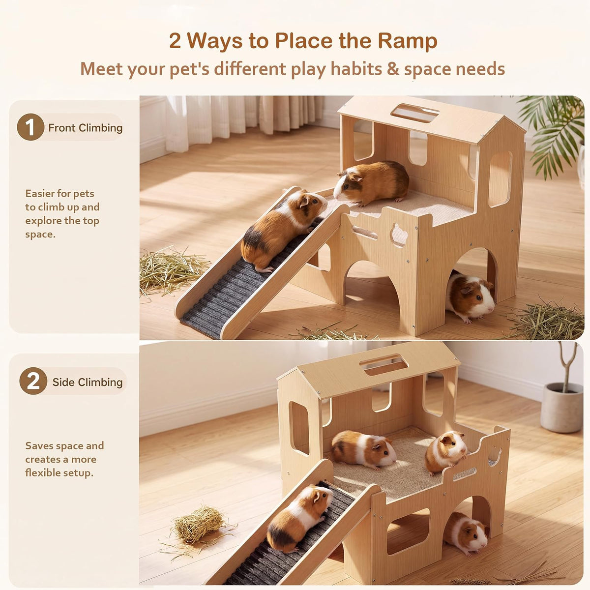 Guinea Pig Hideout with Ramp,2-Level Wooden Guinea Pig House for Small Pets