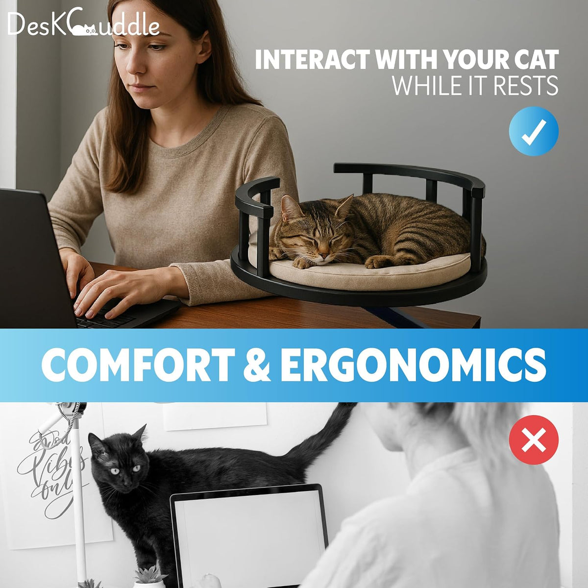 Cat Bed with Memory Foam Cushion Eco-Friendly Wood, Washable Non-Slip Covers – Keeps Your Pet Close While You Work – Modern Cat Furniture