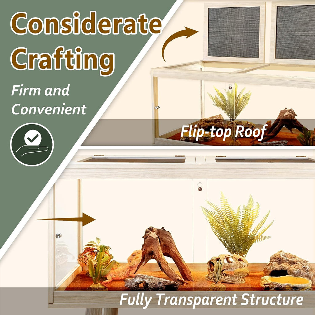 PROLEE Reptile Enclosure with Leg, 82 Gallons Bearded Dragon Tank, Tempered Glass Lizard Tank with Metal Mesh Tops and Lockable Door, Spacious Reptile Habitat for Snake,Lizard (Oak)