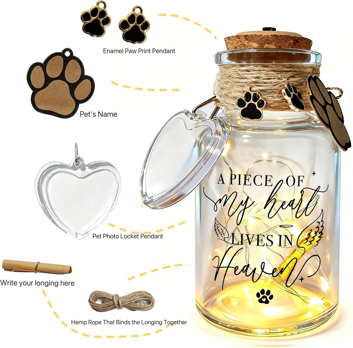 LINGYUAN Pet Memorial Jar with LED Lights, A Piece of My Heart in Heaven