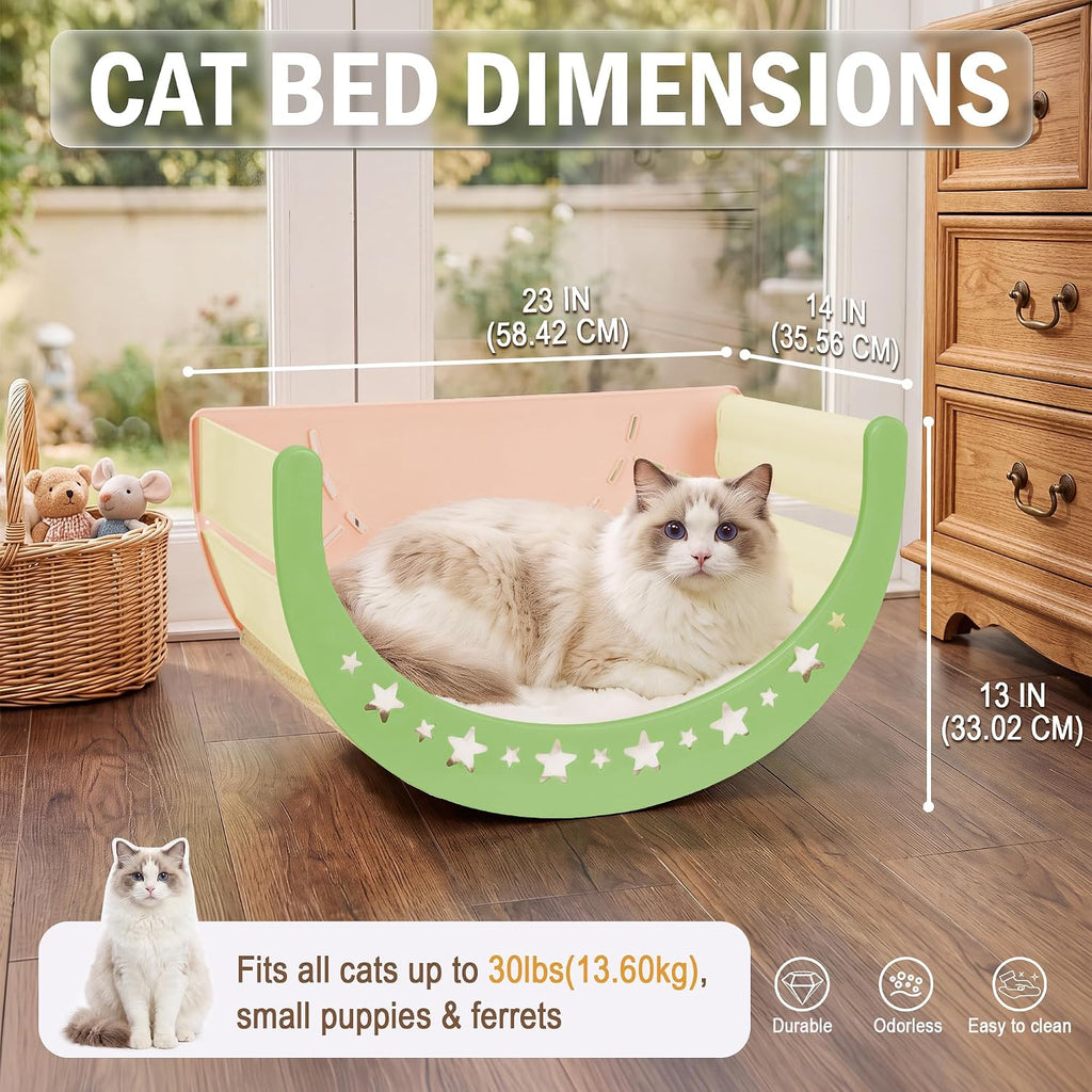 3-in-1 Crescent Elevated Cat Bed with Removable Sisal Scratcher & Soft Fleece Mat, Rocking Cat Hammock Lounge for Indoor Cats, Kittens & Small Animals, Pink