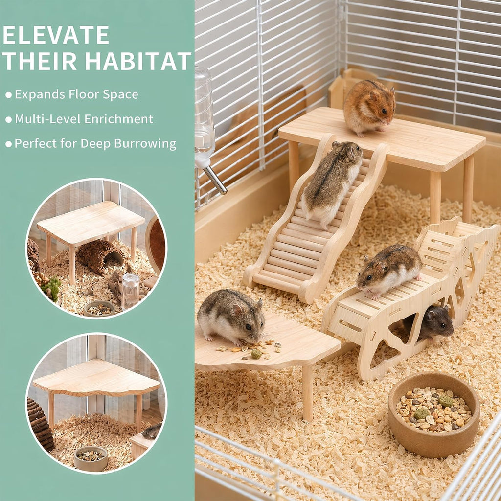 4-Piece Wooden Hamster Platform Set, Versatile Hideout & Exploration Tunnel with Ladder, Cage Decor for Syrian Dwarf Hamsters, Gerbils, Mice (4, Set 2)