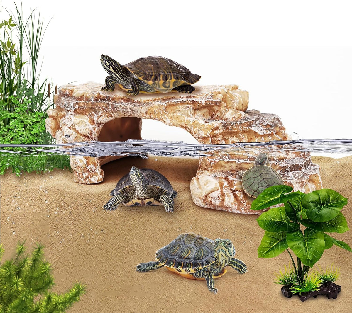 MoonOrange Turtle Basking Platform Kit, Reptile Habitat Hideout, Decorative Resin for Aquarium & Terrarium, Including Artificial Plant and Cleaning Brush. (A-Large-Black)