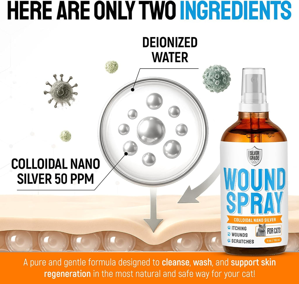 SILVER GRADE Cat Wound Care Spray with Silver – Wounds, Rashes, Hot Spots, Itch, Scratching, Irritation, Bites & Burns – Use a Cat Cone to Prevent Licking – Safe Formula – 4 Oz