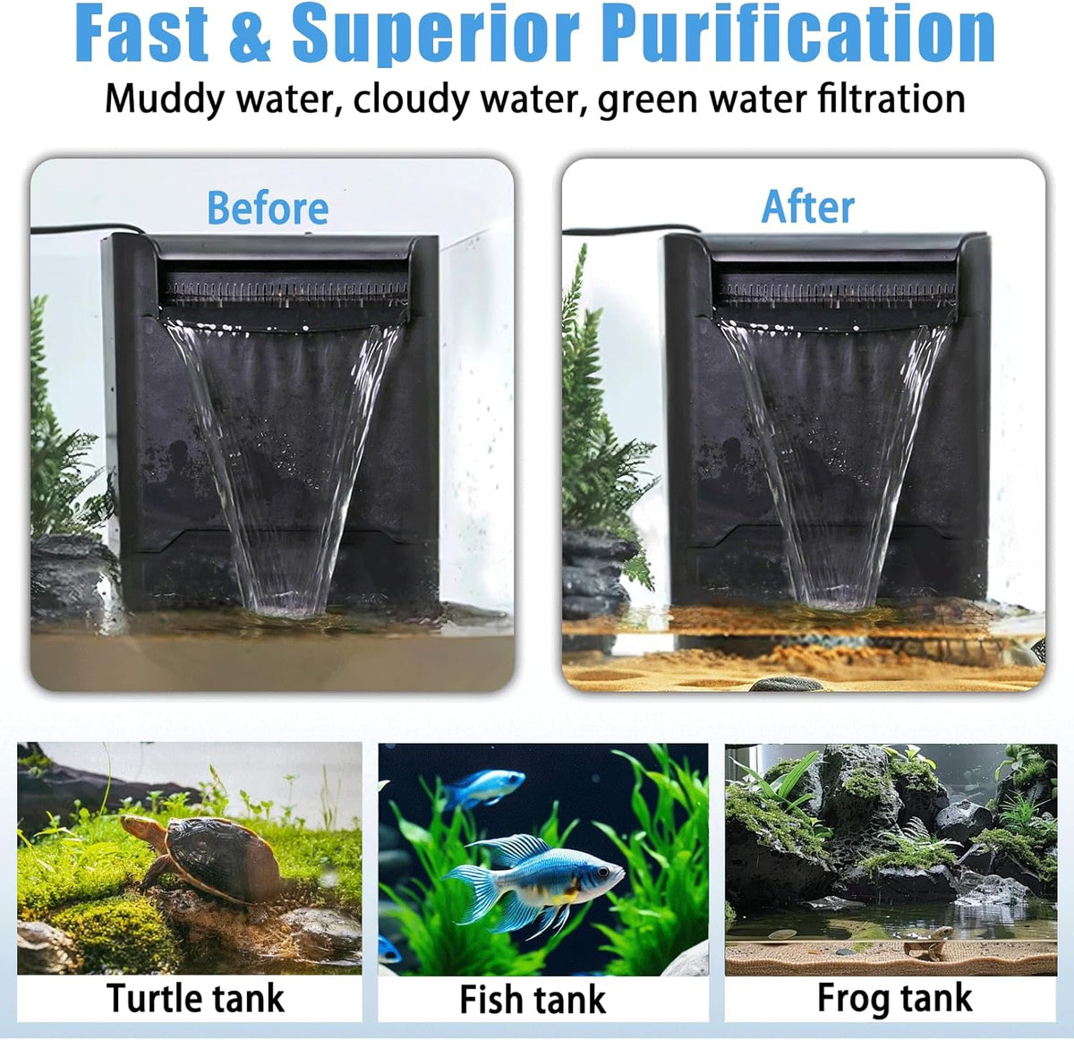 290GPH Turtle Tank Filter Aquarium Filter for 20-85 Gallon, Turtle Filter Low Water Level Available and Flow Adjustable, Turtle Water Filter for Shrimps Amphibians Turtle Tank Saltwater Freshwater