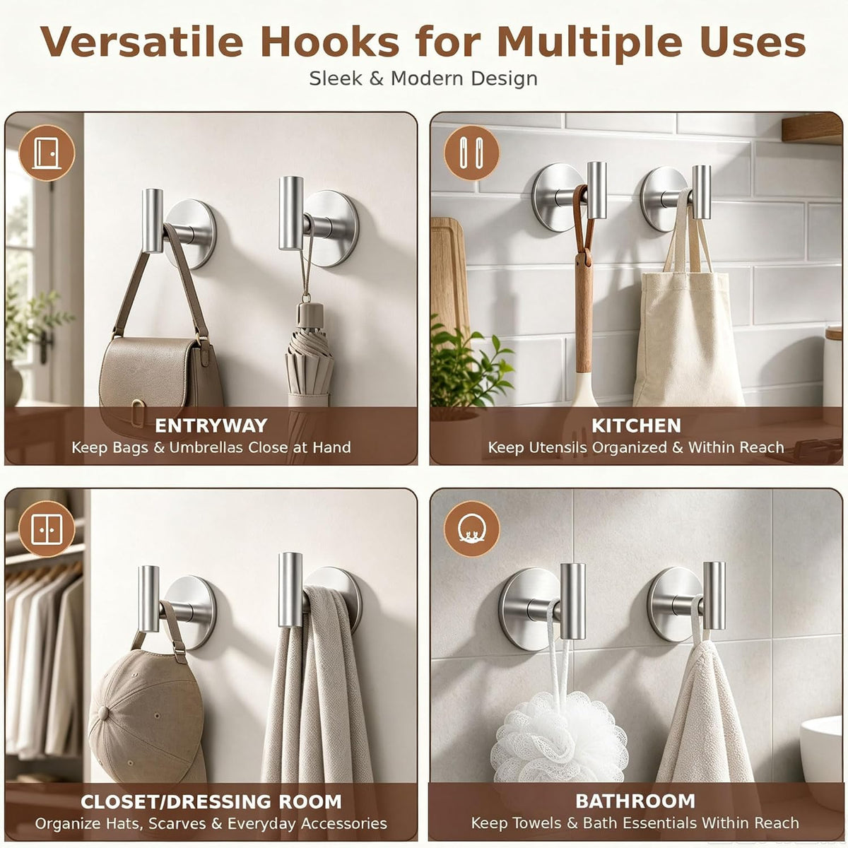 Heavy Duty Self-Adhesive Coat Hooks, Stainless Steel Towel Hooks for Bags, Towels, Robes, Hats, Aprons – No Drill Bathroom, Kitchen, Hotel Wall Hooks (Silver, 4 Pack)