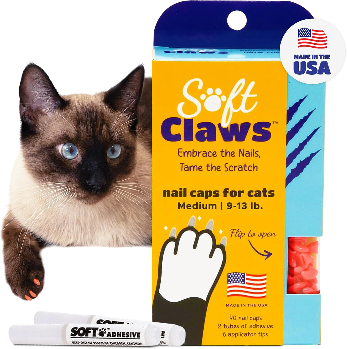 Soft Claws Nail Caps with Nail Scissors for Medium Cats – (40 Caps, Pink) - Veterinarian-Developed | Protects Furniture & Skin - Easy to Apply, Long-Lasting Anti-Scratch Soft Cat Claw Covers