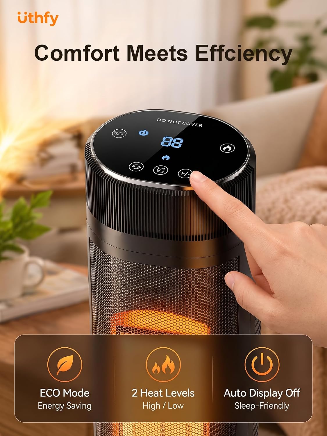 Uthfy 32IN Space Heater for Large Room, 1500W Portable Electric Heater for Indoor Use with 3D Flame Effect, 24H Timer, 120° Oscillation, Ceramic Heating Tower Heater for Bedroom, Living Room & Office