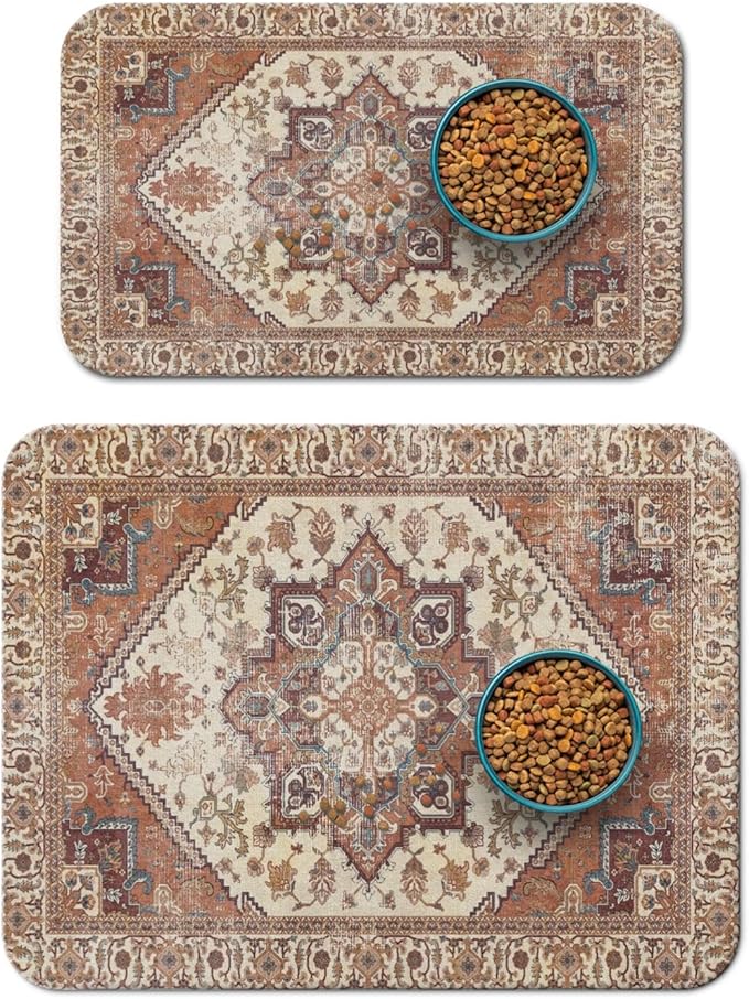 2 Pack Dog Food Mats for Floors, Absorbent and Quick-Drying Pet Cat Food Mat by QXWREL