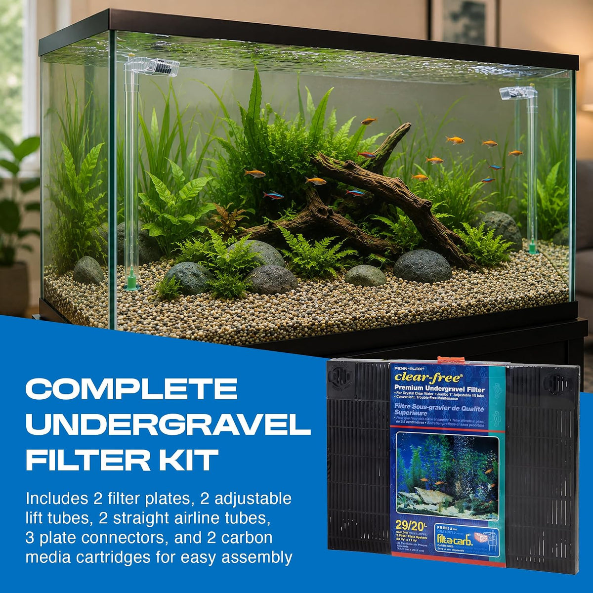 Penn-Plax Undergravel Aquarium Filter for 20 (Long) - 29 Gallon Tanks – Two 14” x 11.1” Plates – Under Gravel System for Clear, Clean Water – Safe for Freshwater and Saltwater Tanks