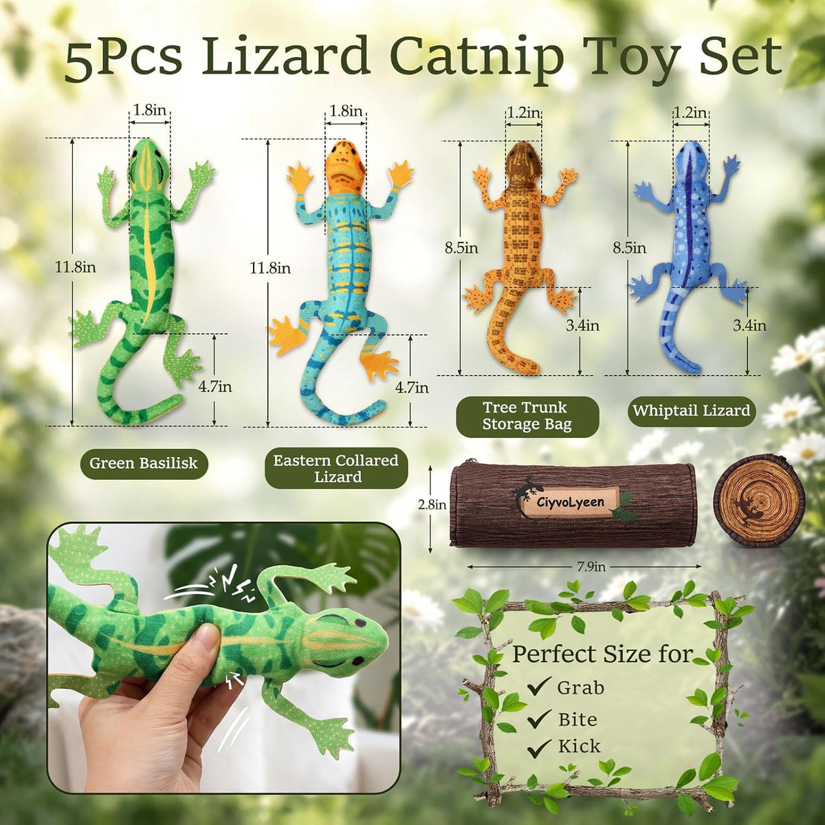 Plush Lizard Catnip Toys with Tree Trunk-shaped Pouch 5 Pack