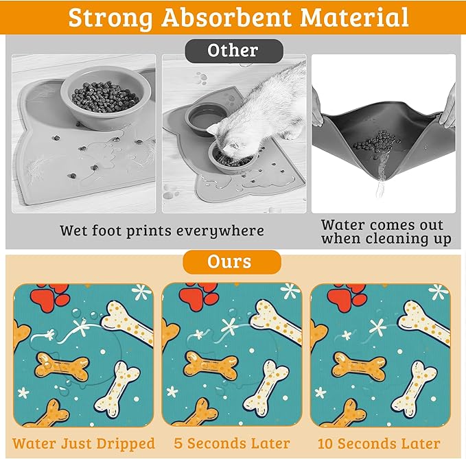 Dog Paws Cat Food Mat, Bones Absorbent Pet Feeding Mat - Image 3