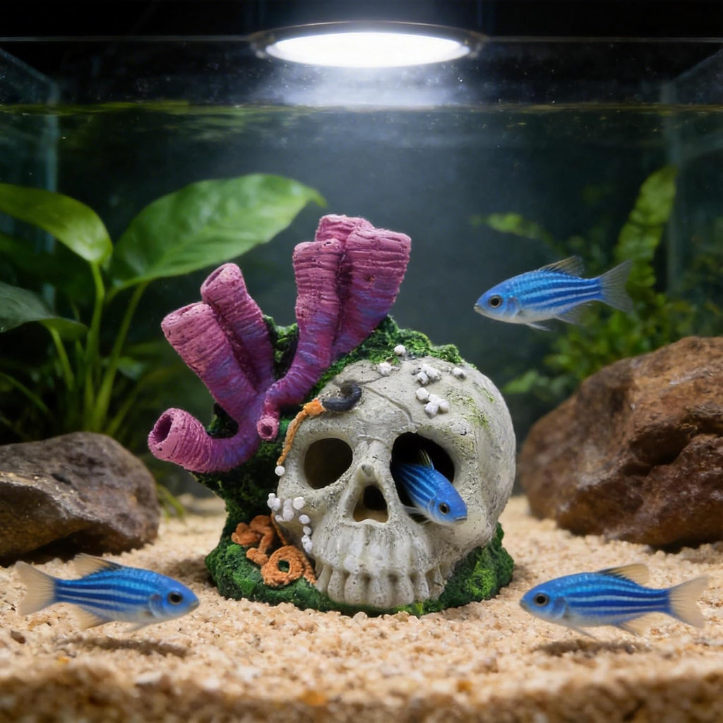 Skull Aquarium Hideout with Coral – Betta Fish Tank Decorations, Shrimp Cave & Small Fish Hideaway, Resin Underwater Skull Decor for Freshwater Aquarium