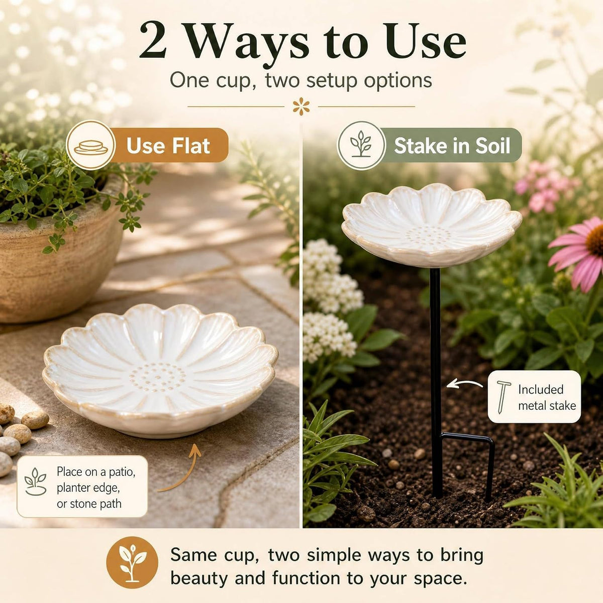 2 Pack Ceramic Bee Watering Station with Stake, Bee Bath for Garden (White)