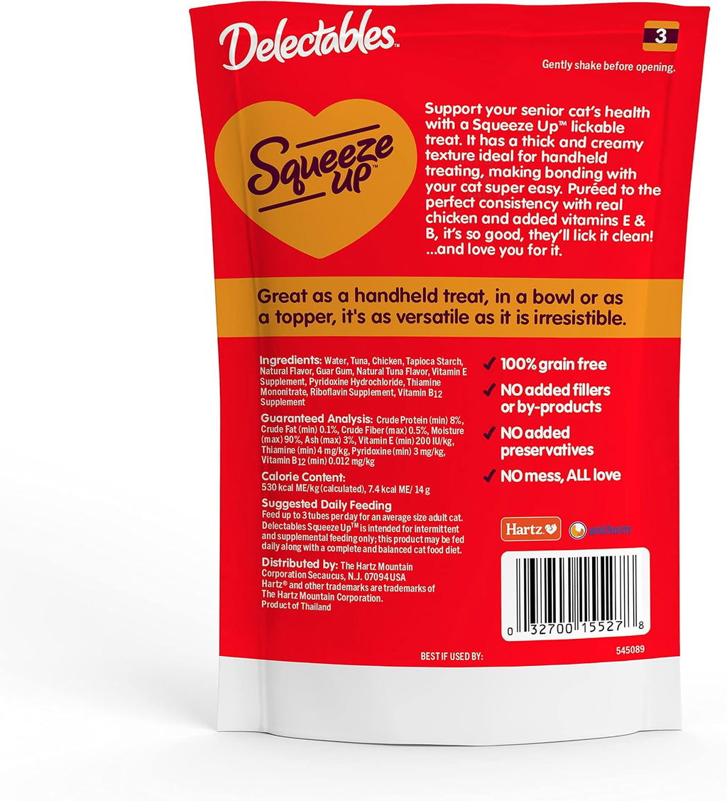 Delectables Squeeze Up Creamy Squeezable Puree, Lickable Wet Cat Treats, Grain Free, No Added Fillers, No By-Products, No Added Preservatives, 0.5 Ounces Senior Chicken, 32 Tubes Total