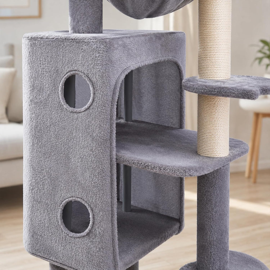 HUITREE 45.3" Tall Cat Tower, Multi Level Cat Tree with Cat Condo, Hammock, and Natural Sisal Scratching Posts & Scratch Pad (338G)