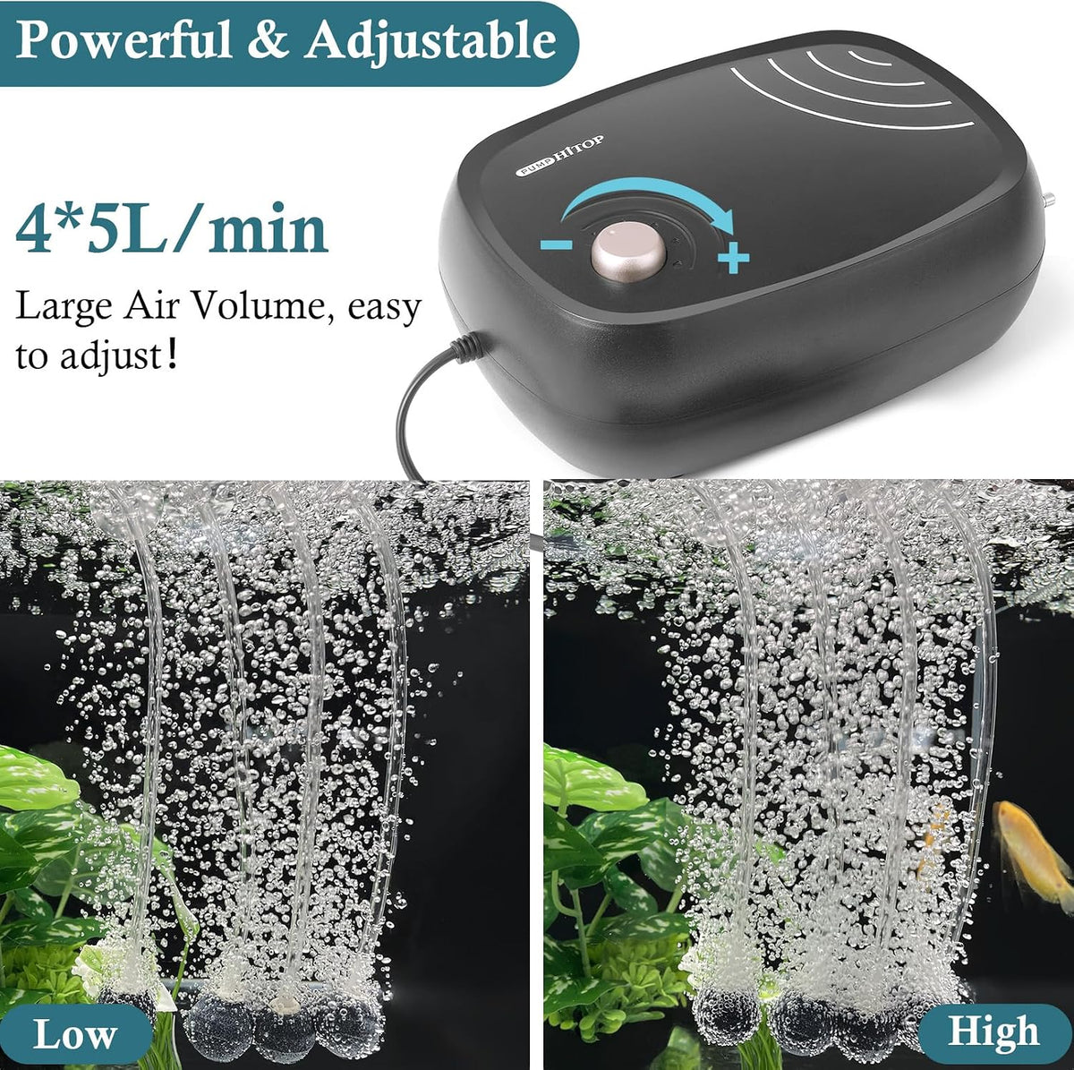 HITOP 10W Powerful Aquarium Air Pump: 4-Outlets 320GPH Air Pump for Fish Tank, Quiet Aquarium Aerator with Completely Accessories, for Tank/Hydroponic/Pond Oxygenation