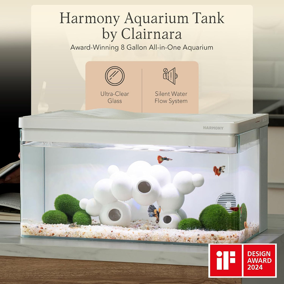Harmony 8 Gallon All-in-One Aquarium Kit, Award-Winning Fish Tank with Lid, Integrated Filtration, LED Light, Low-Iron Glass, White Tank with White Top
