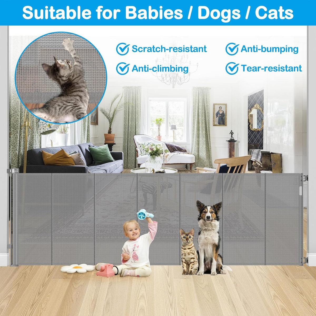 Reinforced 42" Extra Tall Retractable Baby Gate-Prevent Crawling Under, 200" Retractable Pet Gates for Wide Openings, 16ft Mesh Child Gates for Wide Openings, No Bottom Bar Indoor/Outdoor Baby gate