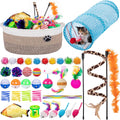 Leitee 38 Pcs Cat Storage Basket Gift Toy Set Kitten Toys, Including 2 Way Tunnel, Bell Crinkle Balls Spring Feather Teaser Sisal Ball Simulated Fish, Interactive for Indoor Pet