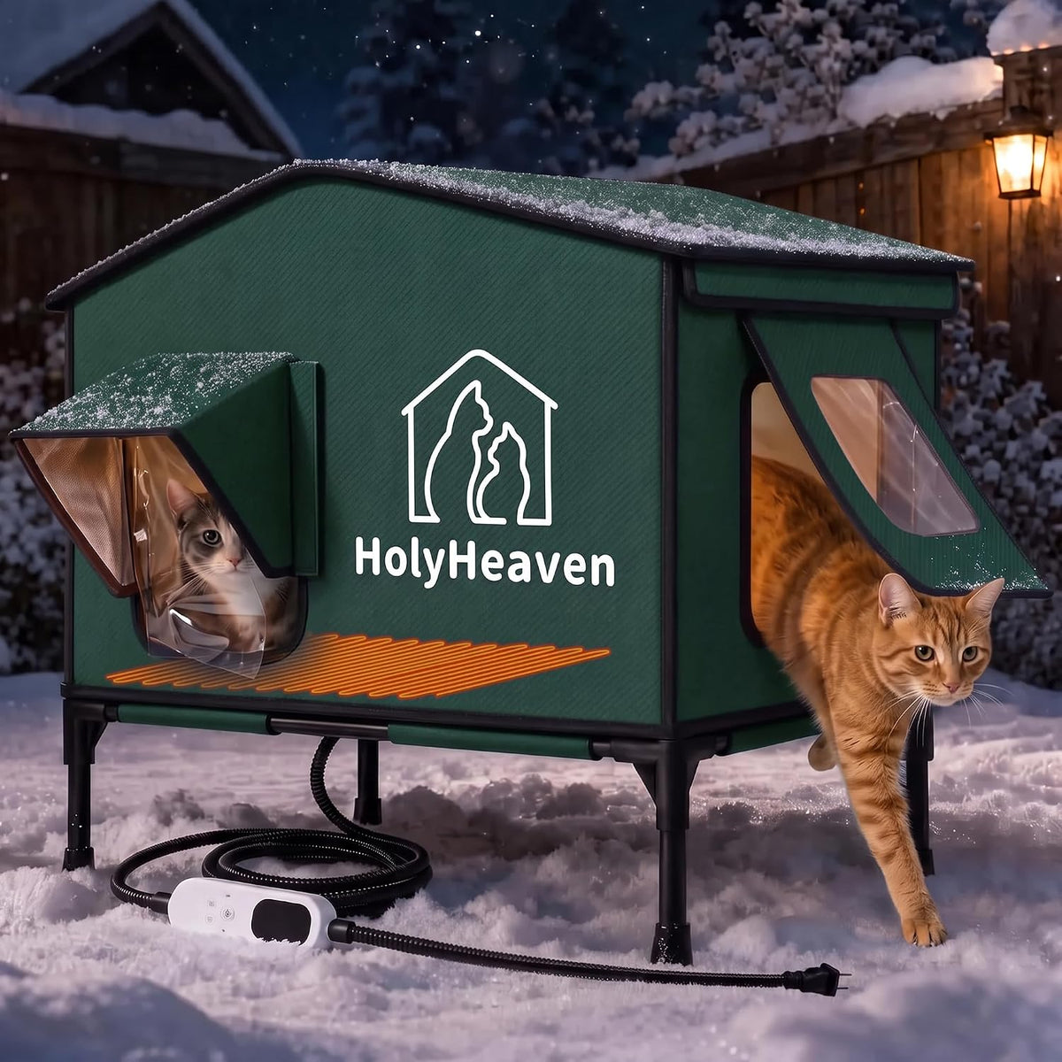 Extra Large PU Leather Heated Cat House for Outside, Waterproof Cat Houses for Outdoor Cats with Heating Pad & Escape Door, Elevated Feral Cat House for Outdoor Cats, 27.95 x 18.9 x 16.5 in (Green)