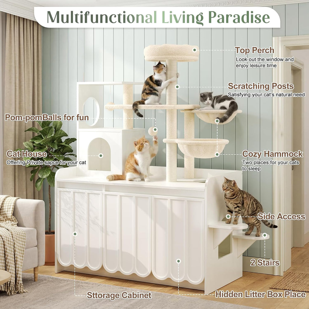 50.6" Cat Tree with Hidden Litter Box Enclosure, Modern White Cat Tower with Sisal Scratching Posts, Storage Cabinet, Hammocks, Platforms, Condo and Top Perch, Indoor Multi-Level Play & Rest Furniture