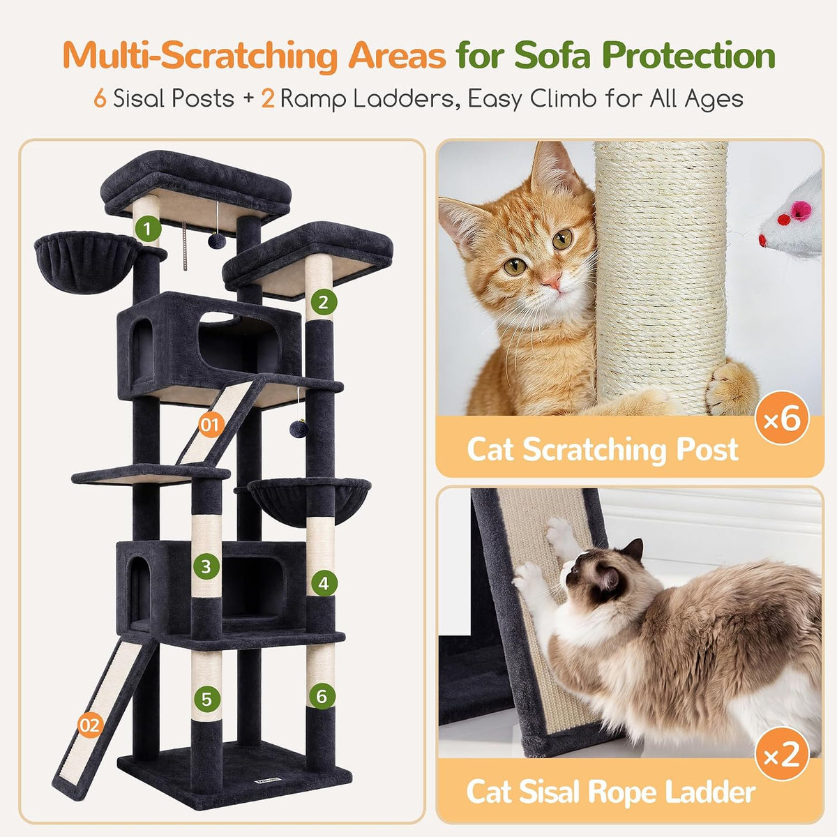 Globlazer 79in Heavy Duty Cat Tree for Large Cats, S79, Dark Grey