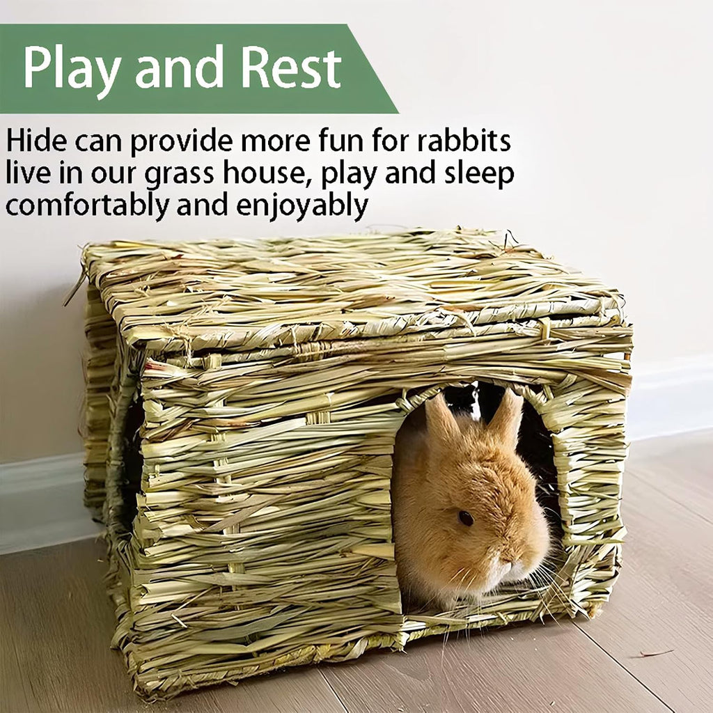 WUWEOT 2 Pack Large Grass Bunny House, Foldable Rabbit Hut, Play Hideaway Bed Hay Mat Chew Toy for Rabbit, Guinea Pigs, Gerbils, Hamster and Small Animals, 11"x8"x8"