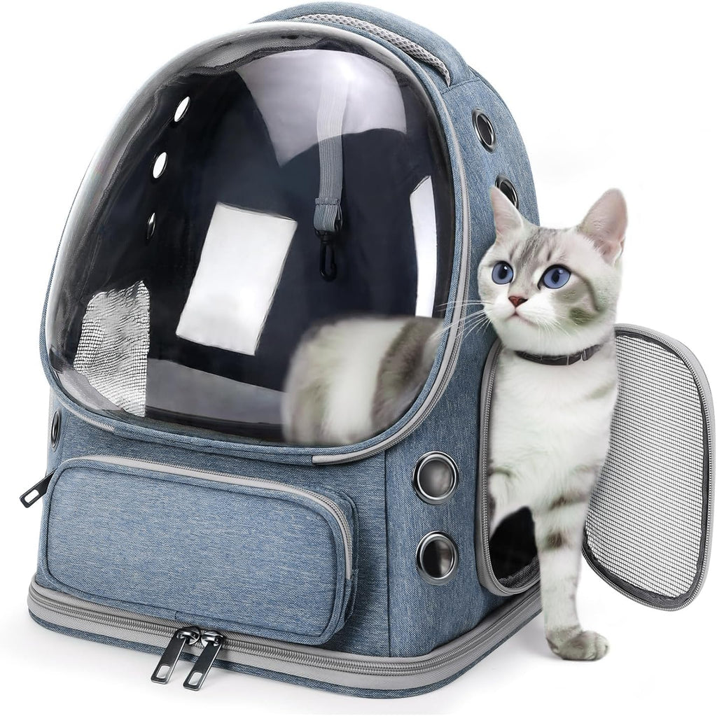 Cat Backpack Carrier, Breathable Cat Bubble Backpack for Kitty & Small Dog, Large Space Cat Carrier Backpack, Foldable Airline Approved Carrier for Trip Vet Travel up to 18lbs（Blue）