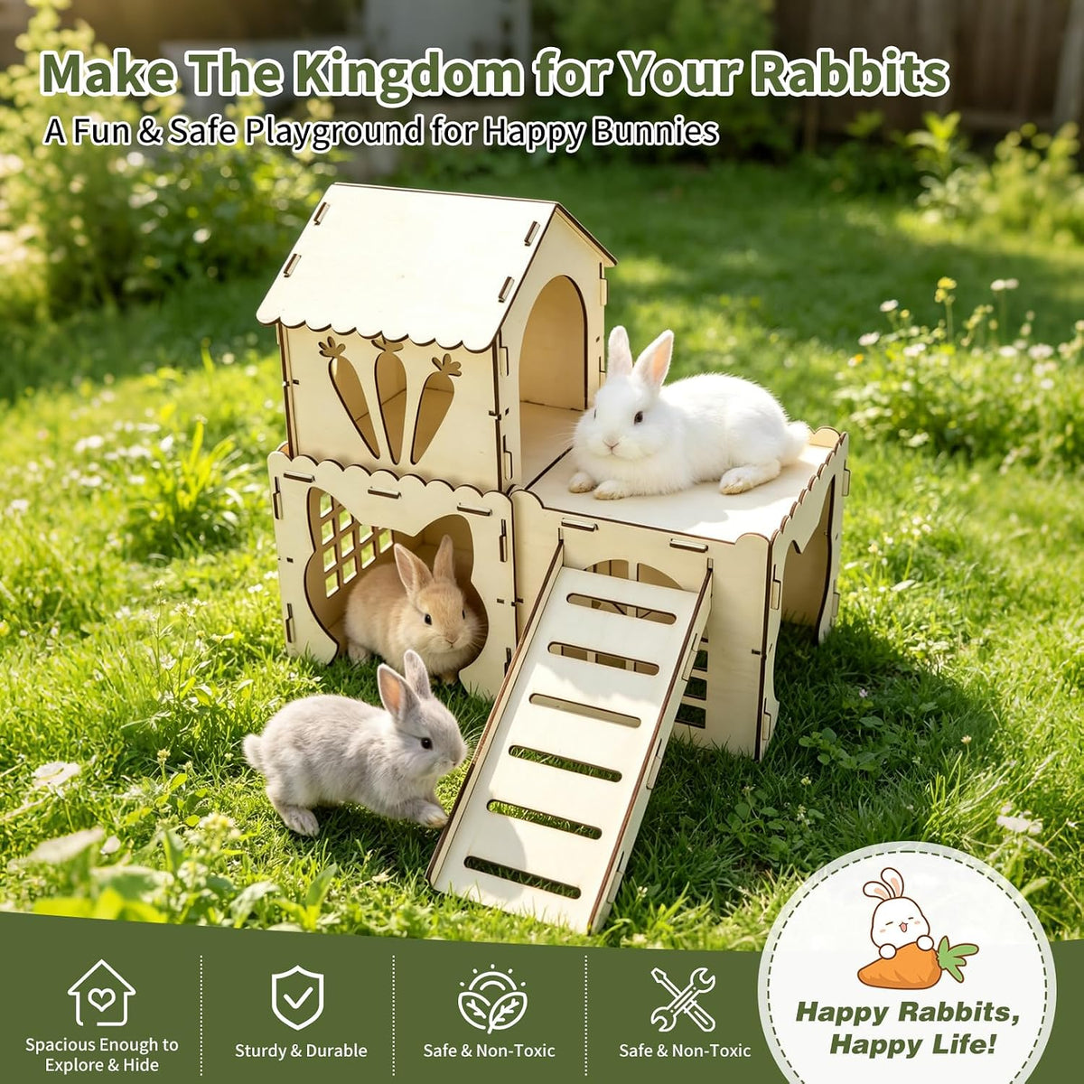 Rypet Extra Large Wooden Rabbit Castle, Bunny House Hideout with Stairs