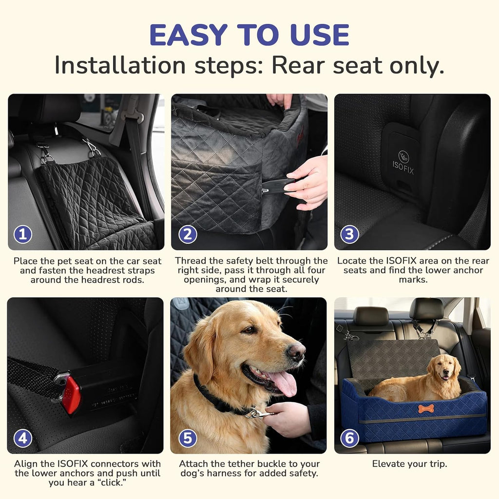 Dog Car Seat for Medium Large Dogs, 4" Elevated Dog Booster Seat with ISOFIX Safety Fixation, Washable Cover & High Density Memory Foam, Portable for Car Front/Rear/Trunk Home Outdoor Use (Navy Blue)