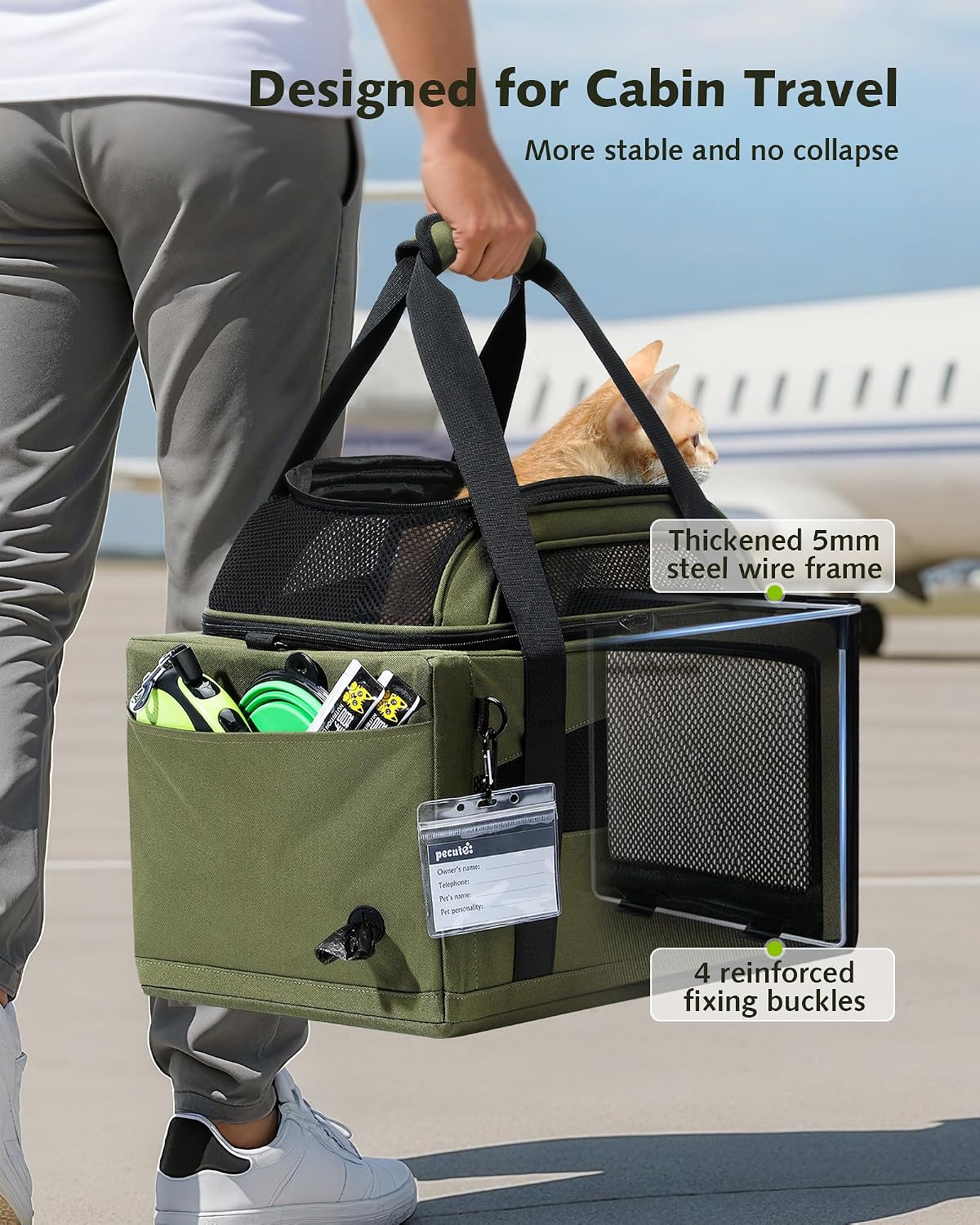 Pecute Top Expandable Airline Approved Pet Carrier for Cats, Olive Green