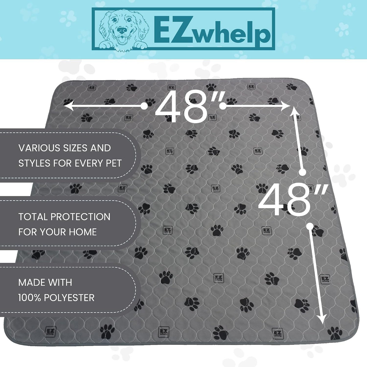 EZwhelp Reusable Quick-Dry Pee Pads, Waterproof Non-Slip 48x48 in, 2 Pack