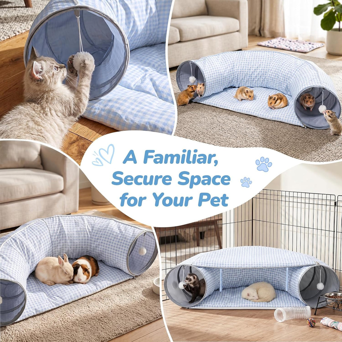 Bunny Tunnel Bed, 2-in-1 Collapsible Rabbit Guinea Pig Hideout, Blue