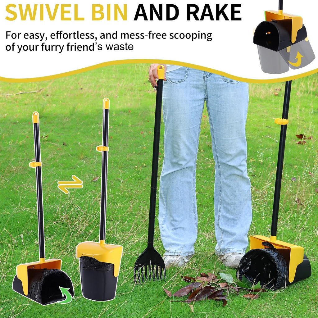 ienjoyed Pooper Scooper Large Swivel Bin & Rake with 160 Waste Bags,Heavy Duty Dog Pooper Scooper with Bag Attachment for Dogs, Long Handle Poop Scooper with Lid for Yard, Grass, Gravel(Yellow)