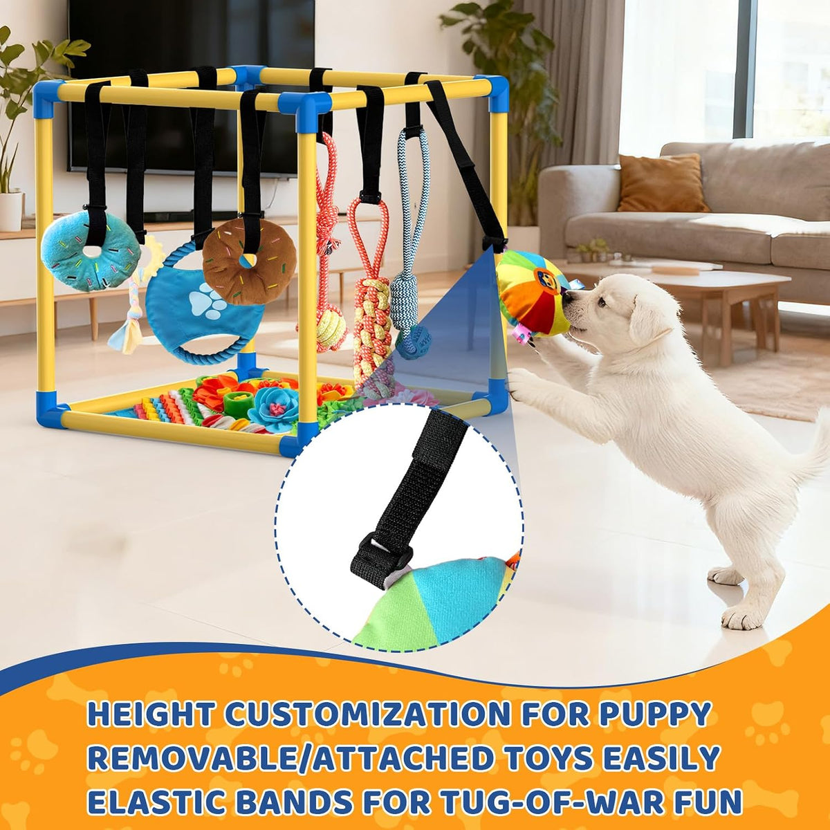 Puppy Play Gym & 8 Toys (Blue,19.6″ x 19.6″ x 19.6″‌) with Snuffle Mat