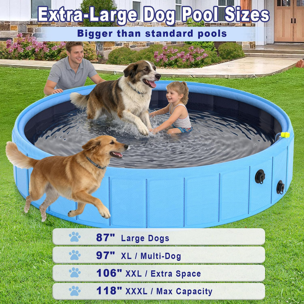 Foldable Dog Pool with Sprinkler, 106" Extra Large Non-Slip Dog Swimming Pool, 2-in-1 Outdoor Backyard Pet Bathing Tub with Drain Plug for Dogs Kids Pets Ducks