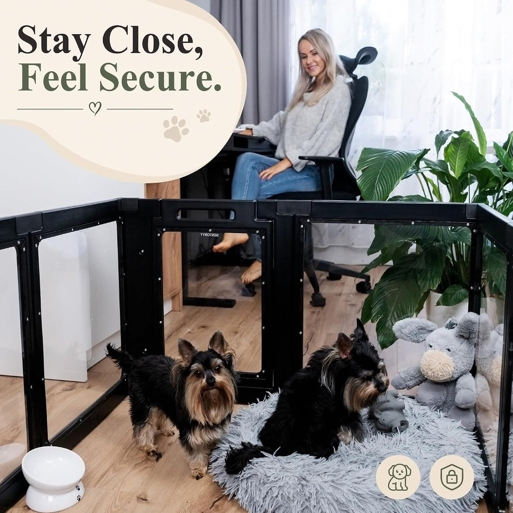 Transparent Indoor Dog Playpen with Safety Lock, Indoor Dog Fence for Small & Medium Pets | Secure, Stylish, Easy Clean Play Pen for Dogs & Pets with Scratch Resistant Panels (24''H,Black, 10 Panel)