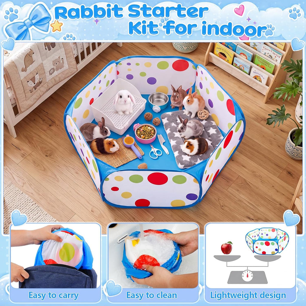 12 Pcs Bunny Starter Kit Gift, Bunny Grooming Set, Blue, Dot