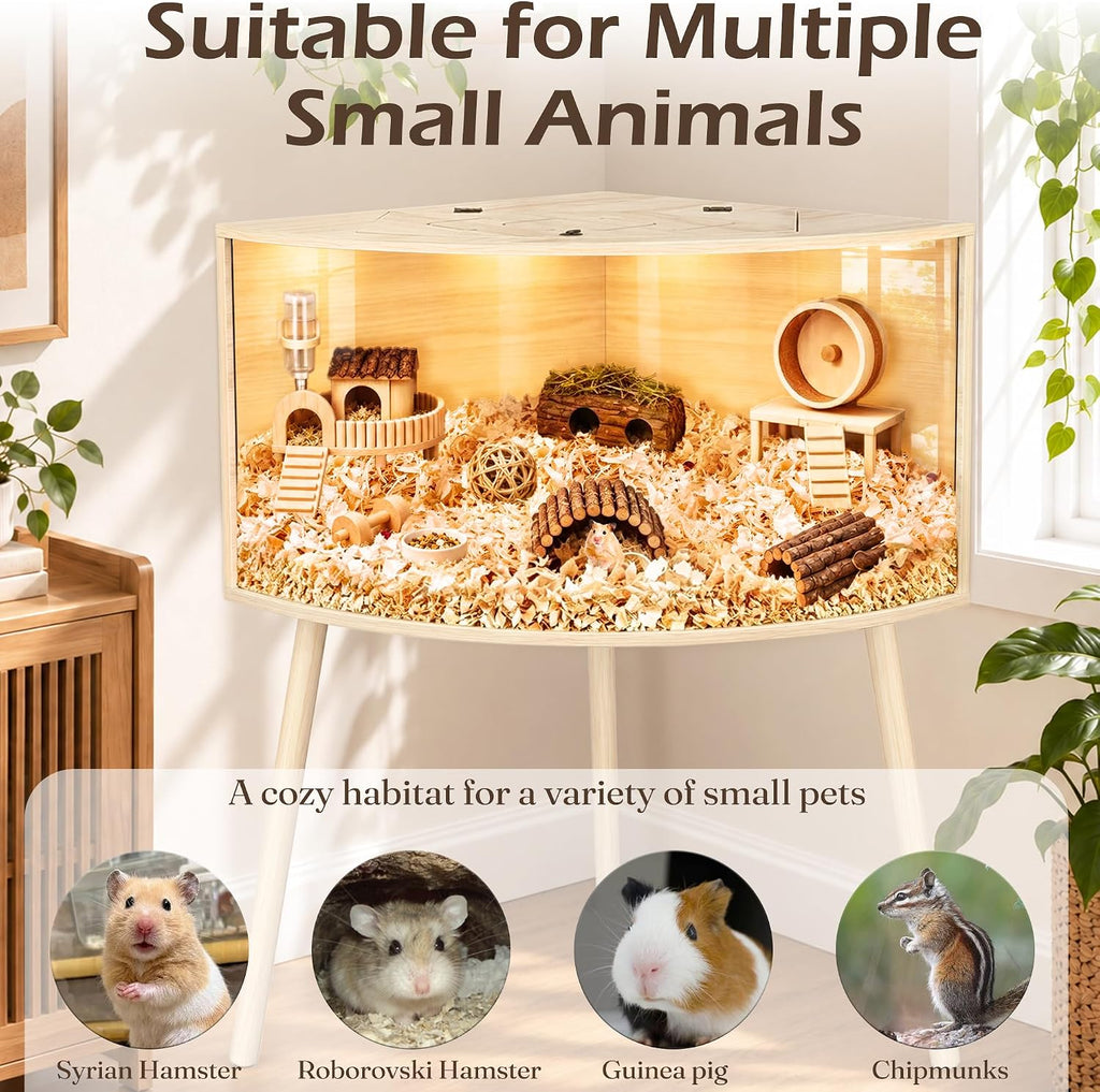 PROLEE Corner Hamster Cage with Leg,Large Hamster Encloure Chew Proof Wood,Clear View Hamster Habitat for Guinea Pig, Ferret, Rat, Hedgehog,Oak