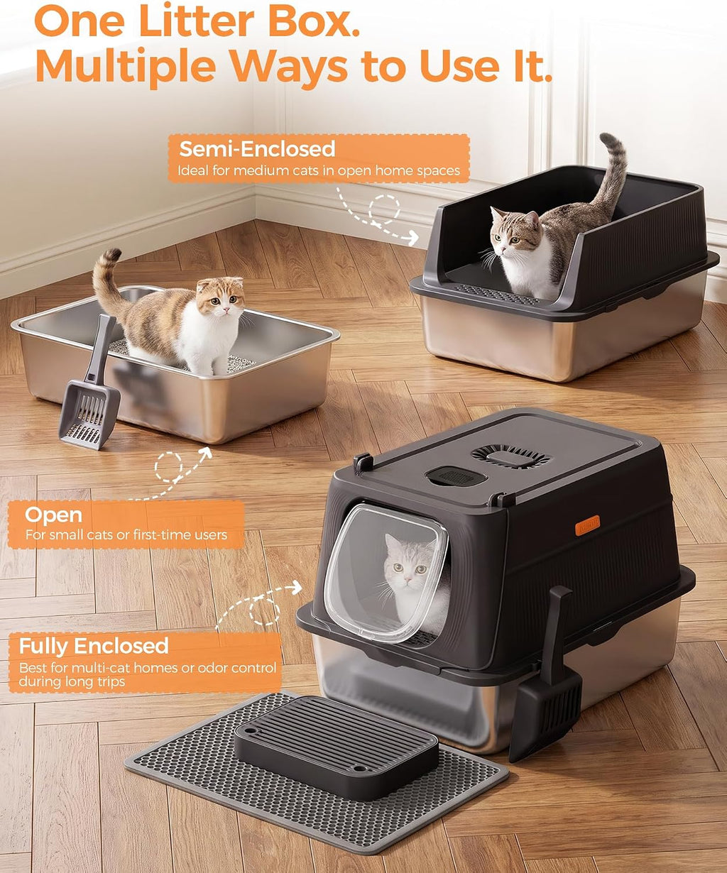 XL Extra Large, High Sided Enclosed Cat Litter Box, Activated Carbon Odor Control, Anti-Leak, Mat Scoop & Step, Black