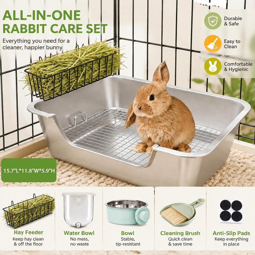 Stainless Steel Rabbit Litter Box with Hay Feeder Set for Guinea Pig