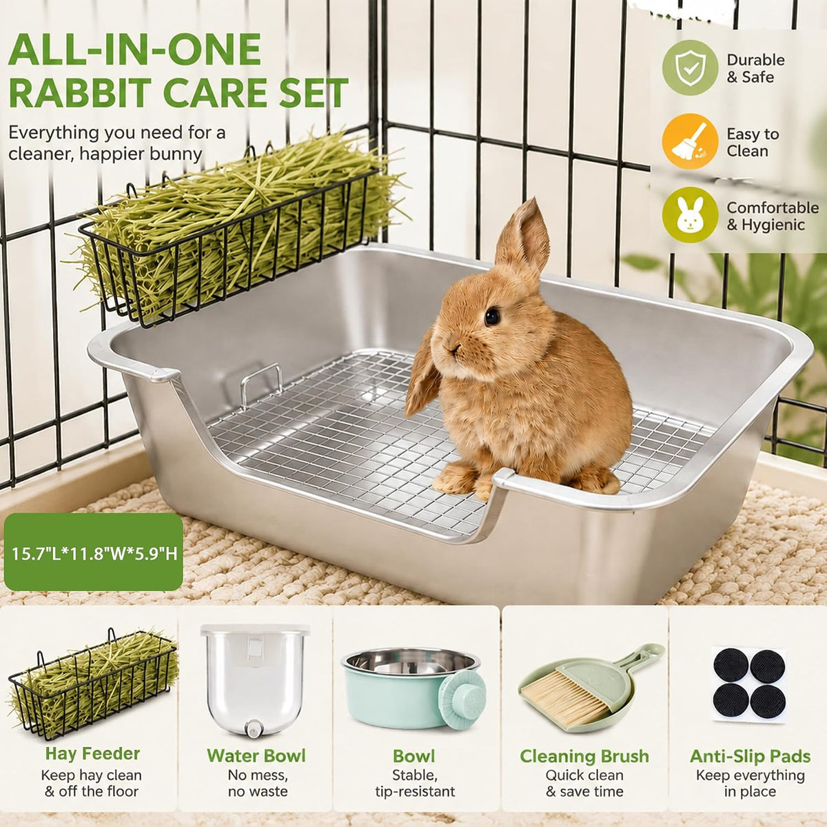 Stainless Steel Rabbit Litter Box with Hay Feeder Set for Guinea Pig