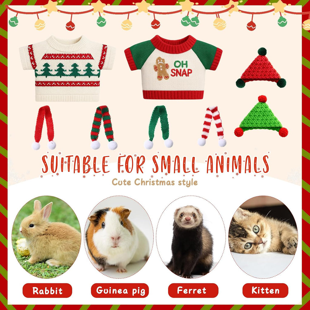 24 Pcs Christmas Guinea Pig Clothes Includes 8 Guinea Pig Stuff Warm Sweaters, 8 Hand-Knitted Mini Hats, and 8 Cute Little Scarves for Hamster Bunny Small Animal Warm Costume