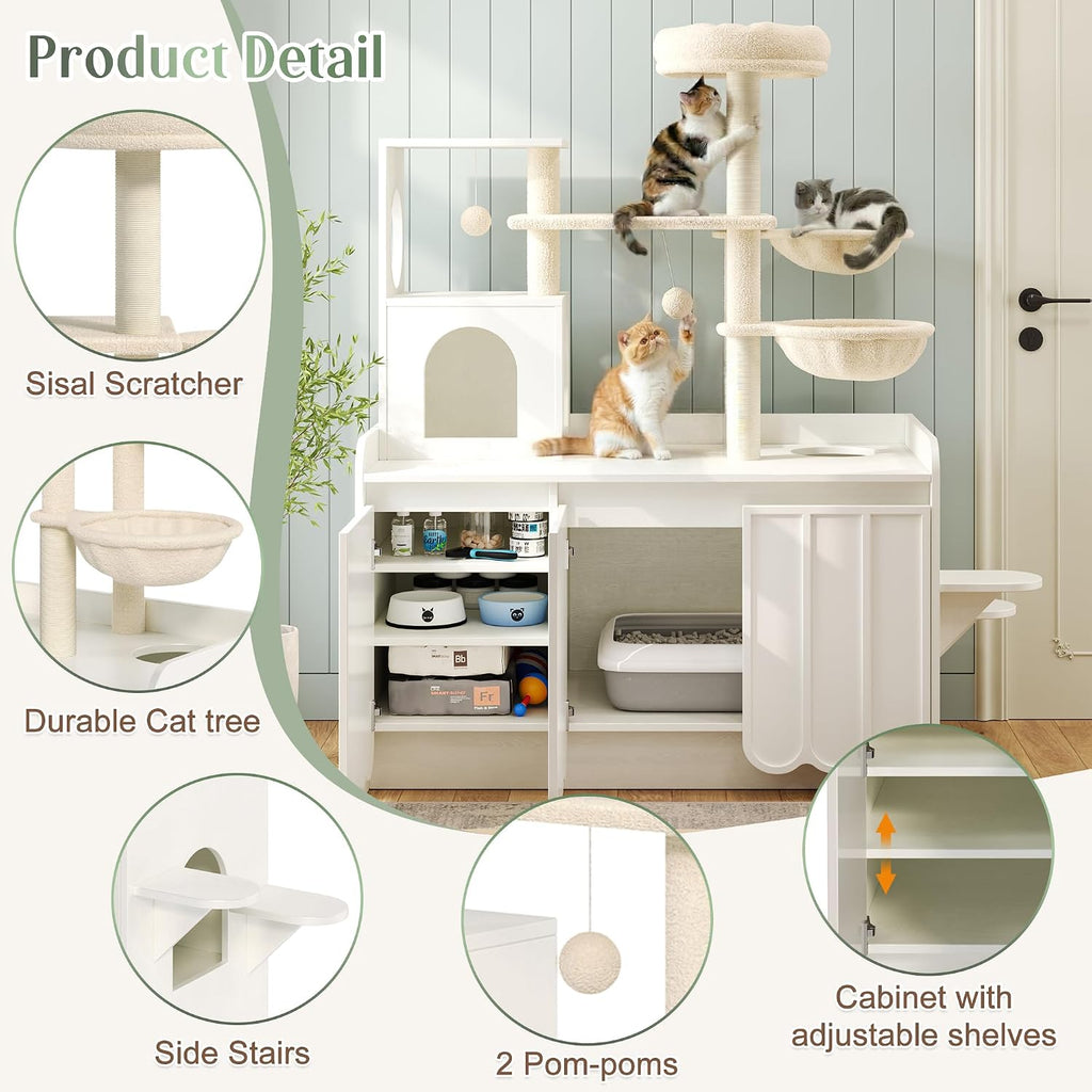 50.6" Cat Tree with Hidden Litter Box Enclosure, Modern White Cat Tower with Sisal Scratching Posts, Storage Cabinet, Hammocks, Platforms, Condo and Top Perch, Indoor Multi-Level Play & Rest Furniture